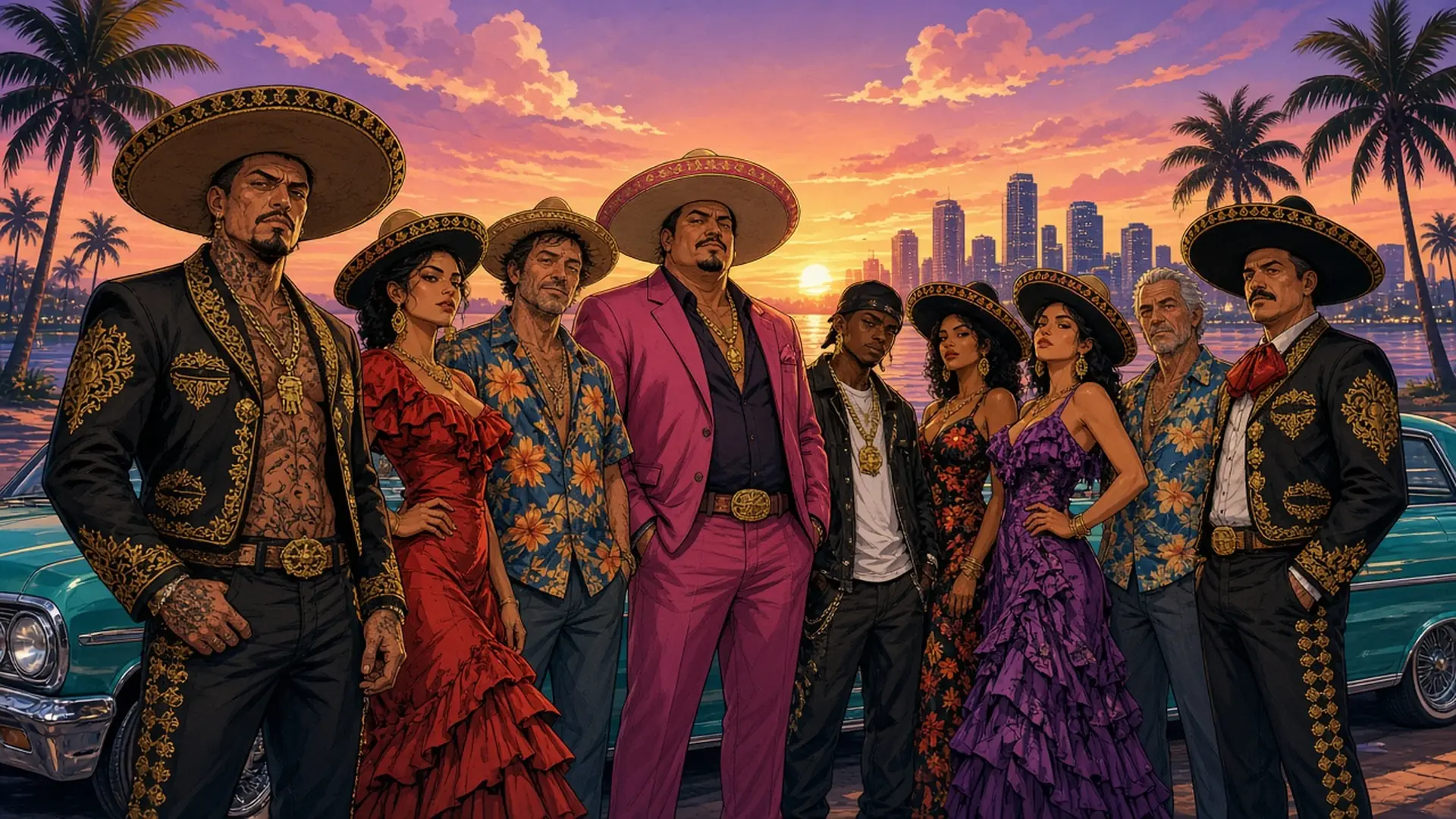The whole GCV crew posing together: nine characters in sombreros and charro suits, sequined dresses and floral shirts, in front of a teal lowrider with palm trees and a sunset city skyline behind them.