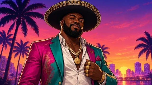 Boobie Ike reimagined: bearded man in a black-and-gold sombrero, hot-pink and teal suit jacket and gold chains, city skyline at sunset behind him.