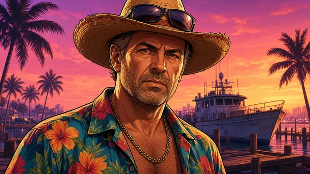 Brian Heder reimagined: weathered older man in a straw cowboy-style hat with sunglasses, open floral shirt and gold chain, standing before a docked boat at sunset.