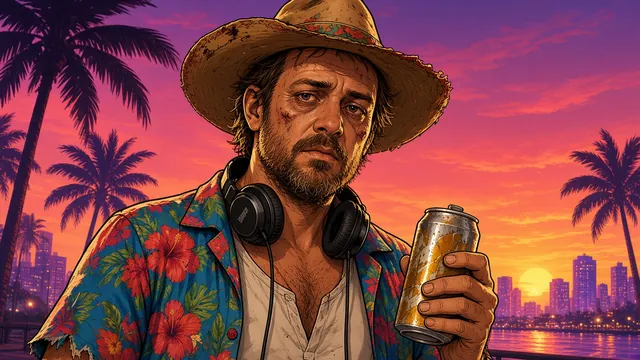 Cal Hampton reimagined: scruffy man in a straw sombrero, floral shirt and headphones around his neck, holding a beer can at a waterfront sunset.