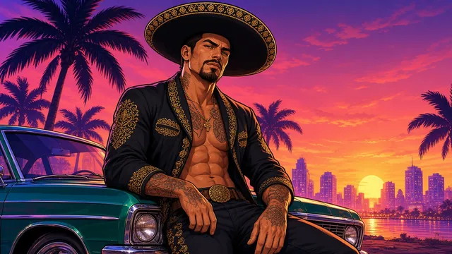 Jason Duval reimagined: tattooed man in a black-and-gold charro jacket and a wide sombrero, leaning on a green lowrider at a Miami-style sunset.