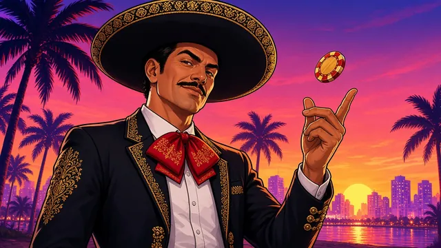 Raul Bautista reimagined: mustached man in a black charro suit, red bow tie and sombrero, flipping a gold coin in front of a sunset skyline.